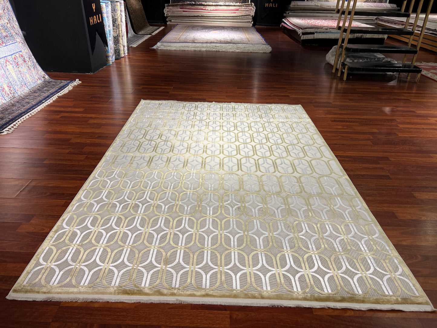 5x8 Beige Gold Bamboo Rug, Modern Geometric Area Rug, Luxury Living Room Carpet, Elegant Home Decor Rug
