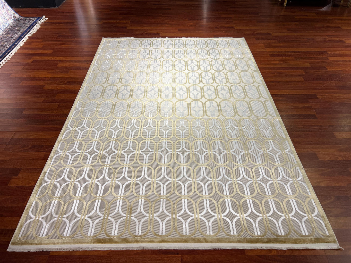 5x8 Beige Gold Bamboo Rug, Modern Geometric Area Rug, Luxury Living Room Carpet, Elegant Home Decor Rug