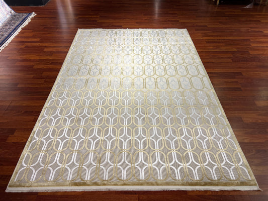 5x8 Beige Gold Bamboo Rug, Modern Geometric Area Rug, Luxury Living Room Carpet, Elegant Home Decor Rug