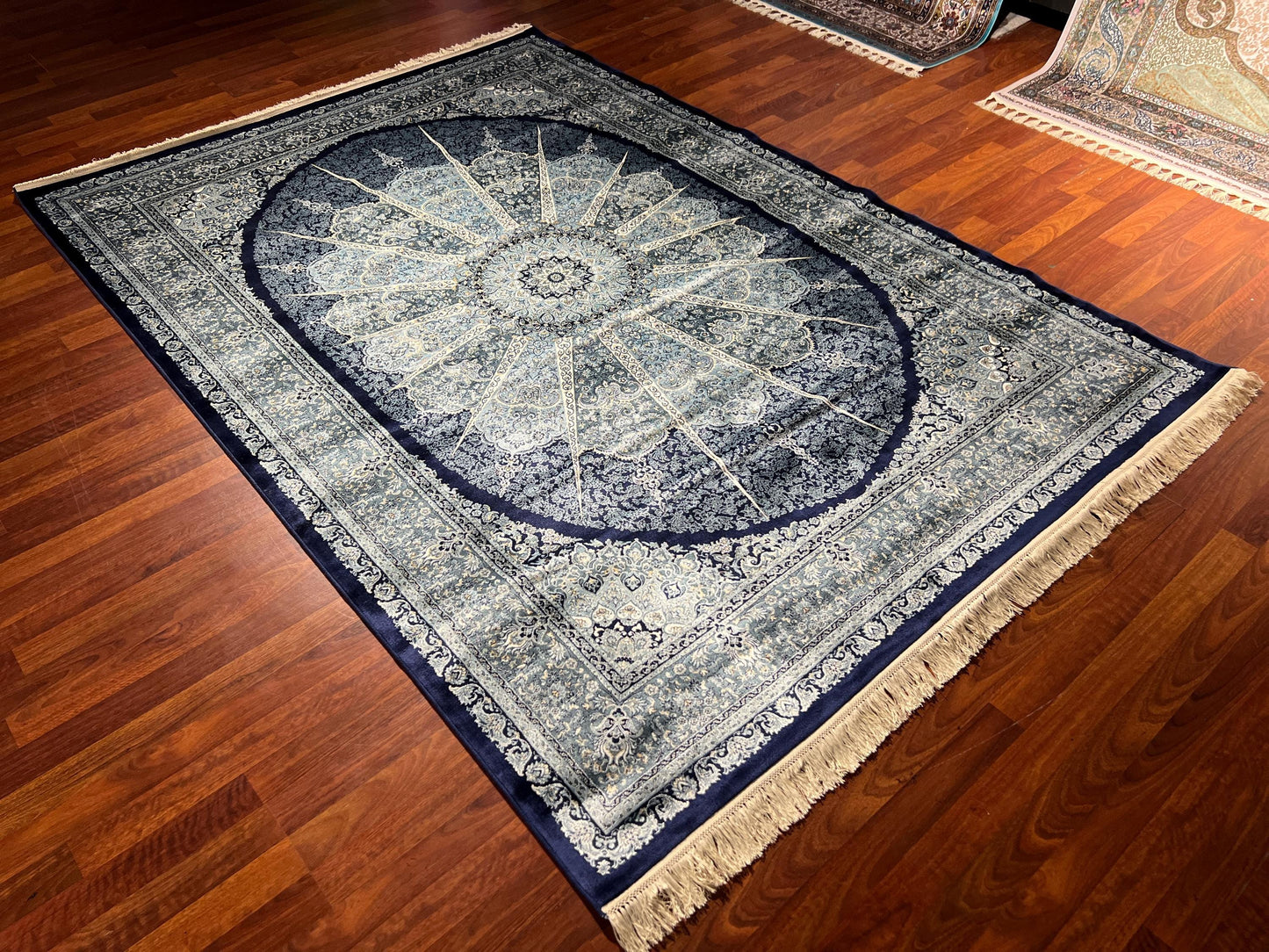 5x8 Dark Blue Modal Silk Rug, Medallion Area Rug, Luxury Living Room Carpet, Special Design Home Decor Rug