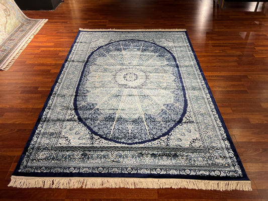 5x8 Dark Blue Modal Silk Rug, Medallion Area Rug, Luxury Living Room Carpet, Special Design Home Decor Rug