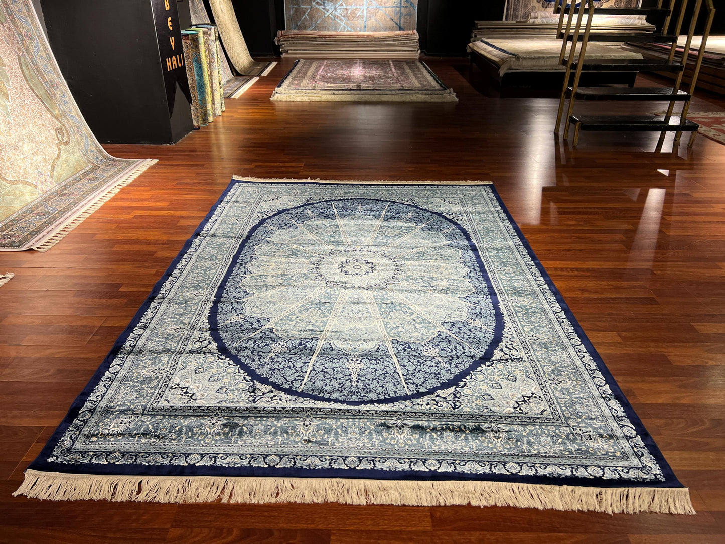 5x8 Dark Blue Modal Silk Rug, Medallion Area Rug, Luxury Living Room Carpet, Special Design Home Decor Rug
