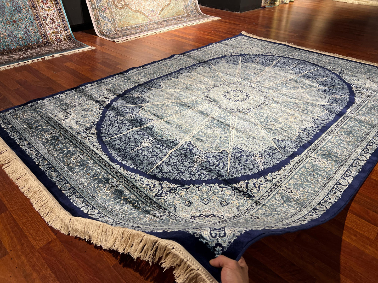 5x8 Dark Blue Modal Silk Rug, Medallion Area Rug, Luxury Living Room Carpet, Special Design Home Decor Rug