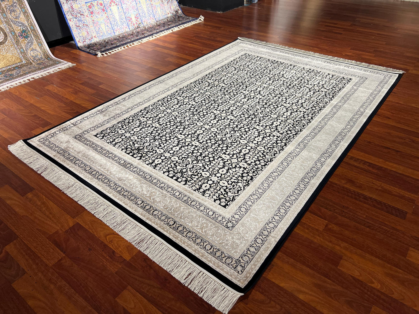 5x8 Black Ivory Bamboo Silk Rug, Floral Area Rug, Luxury Living Room Carpet, Elegant Home Decor Rug