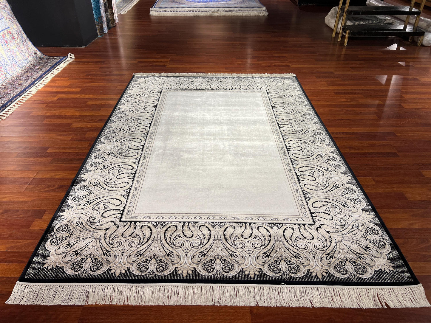 5x8 Black Cream Modal Silk Rug, Ornate Border Area Rug, Luxury Living Room Carpet, Elegant Home Decor Rug