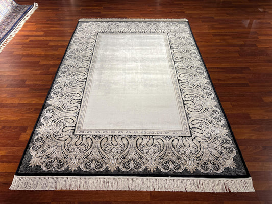 5x8 Black Cream Modal Silk Rug, Ornate Border Area Rug, Luxury Living Room Carpet, Elegant Home Decor Rug