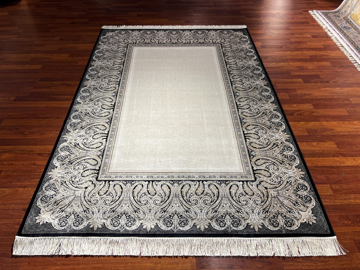 5x8 Black Cream Modal Silk Rug, Ornate Border Area Rug, Luxury Living Room Carpet, Elegant Home Decor Rug