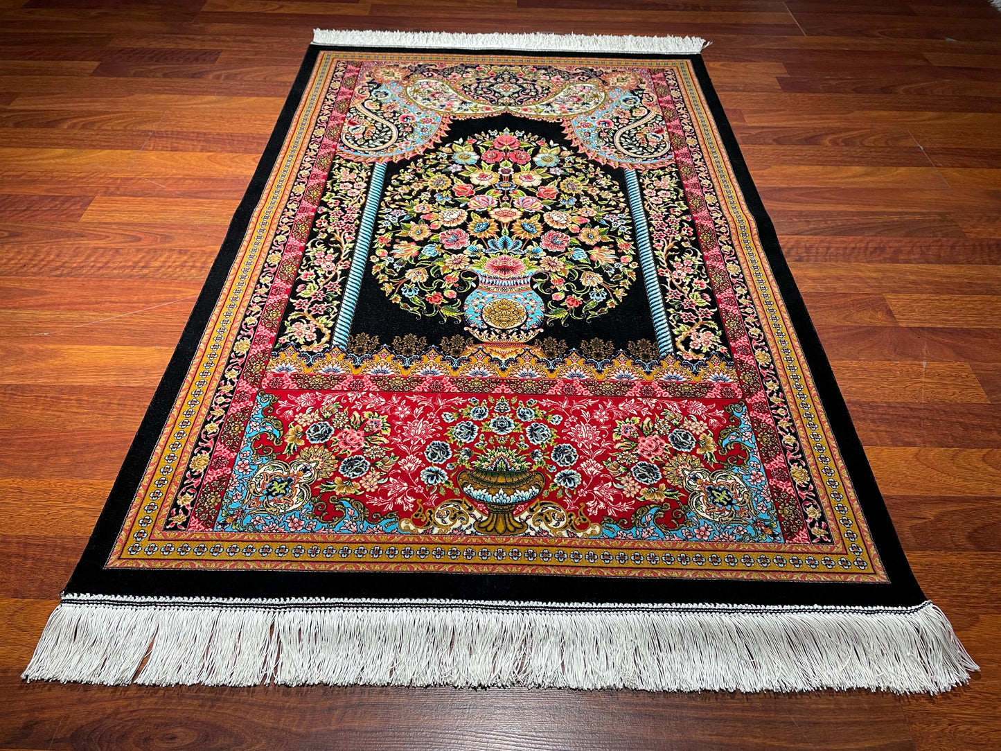 Modal Silk Sajjadeh Prayer Rug, Floral Mihrab Rug, Colorful Islamic Prayer Mat, Luxury Muslim Gift Rug