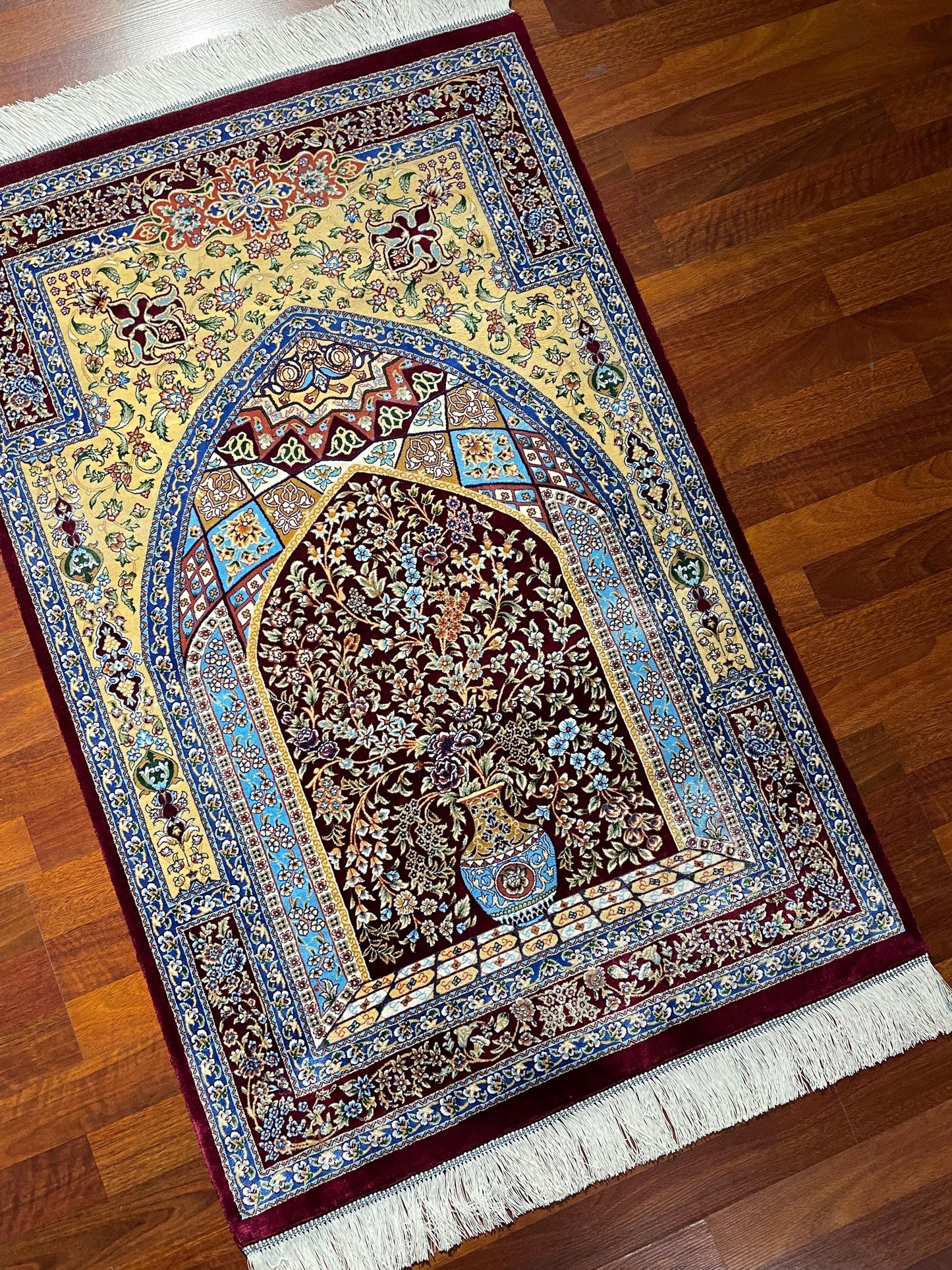 Modal Silk Sajjadeh Prayer Rug, Floral Mihrab Rug, Burgundy Blue Islamic Prayer Mat, Luxury Muslim Gift Rug