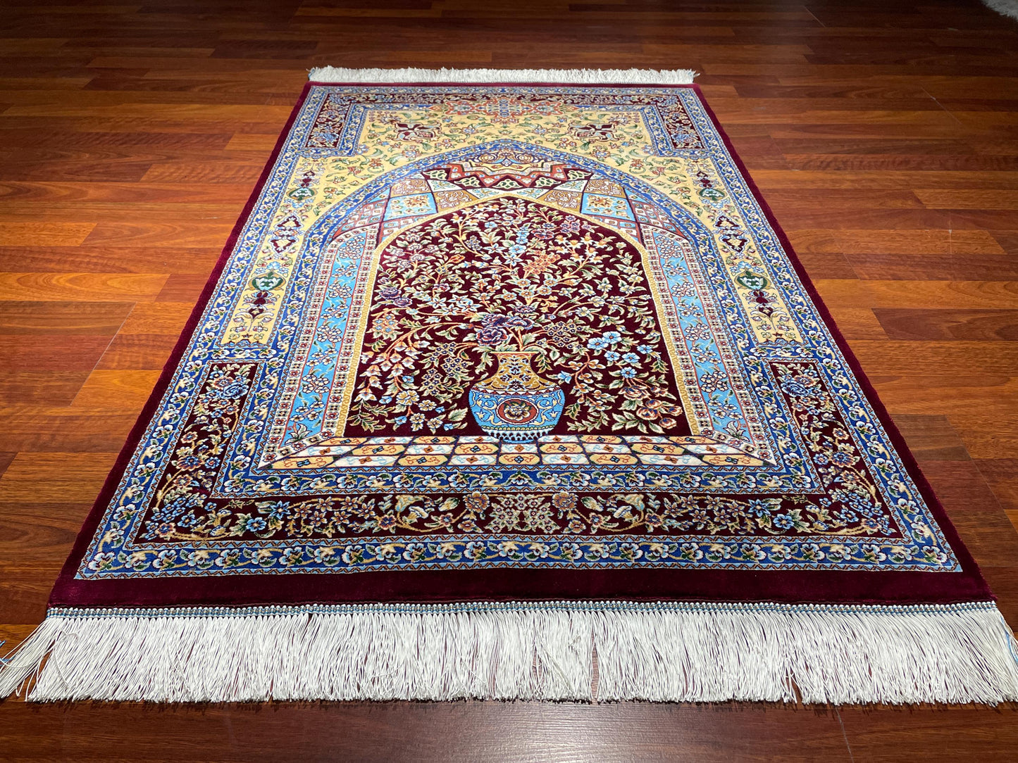 Modal Silk Sajjadeh Prayer Rug, Floral Mihrab Rug, Burgundy Blue Islamic Prayer Mat, Luxury Muslim Gift Rug