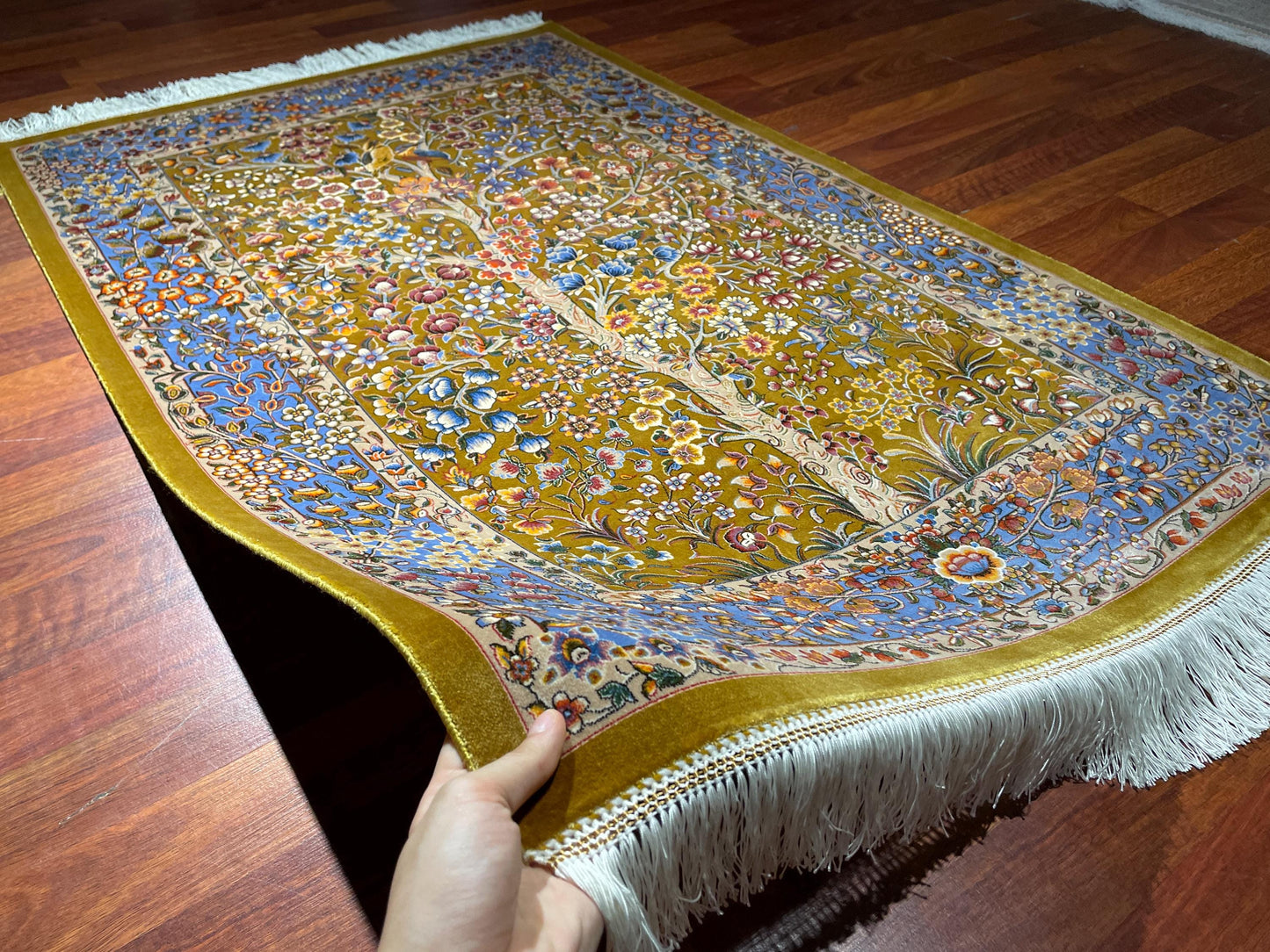 2.6x4 Floral Tree Modal Silk Rug, Tree of Life Accent Rug, Small Luxury Area Rug, Botanical Gift Rug