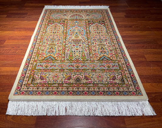 2.6x4 Floral Garden Sajjadah, Modal Silk Prayer Rug, Luxury Islamic Prayer Mat, Decorative Prayer Rug