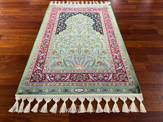 1.64x2.23 ft Mini Bamboo Silk Rug, Floral Bird Accent Rug, Authentic Small Silk Rug, Housewarming Gift Rug