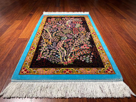 1.64x2.62 ft Tree of Life Modal Silk Rug, Floral Wall Hanging Tapestry, Mini Decorative Silk Rug, Handcrafted Fringe Rug
