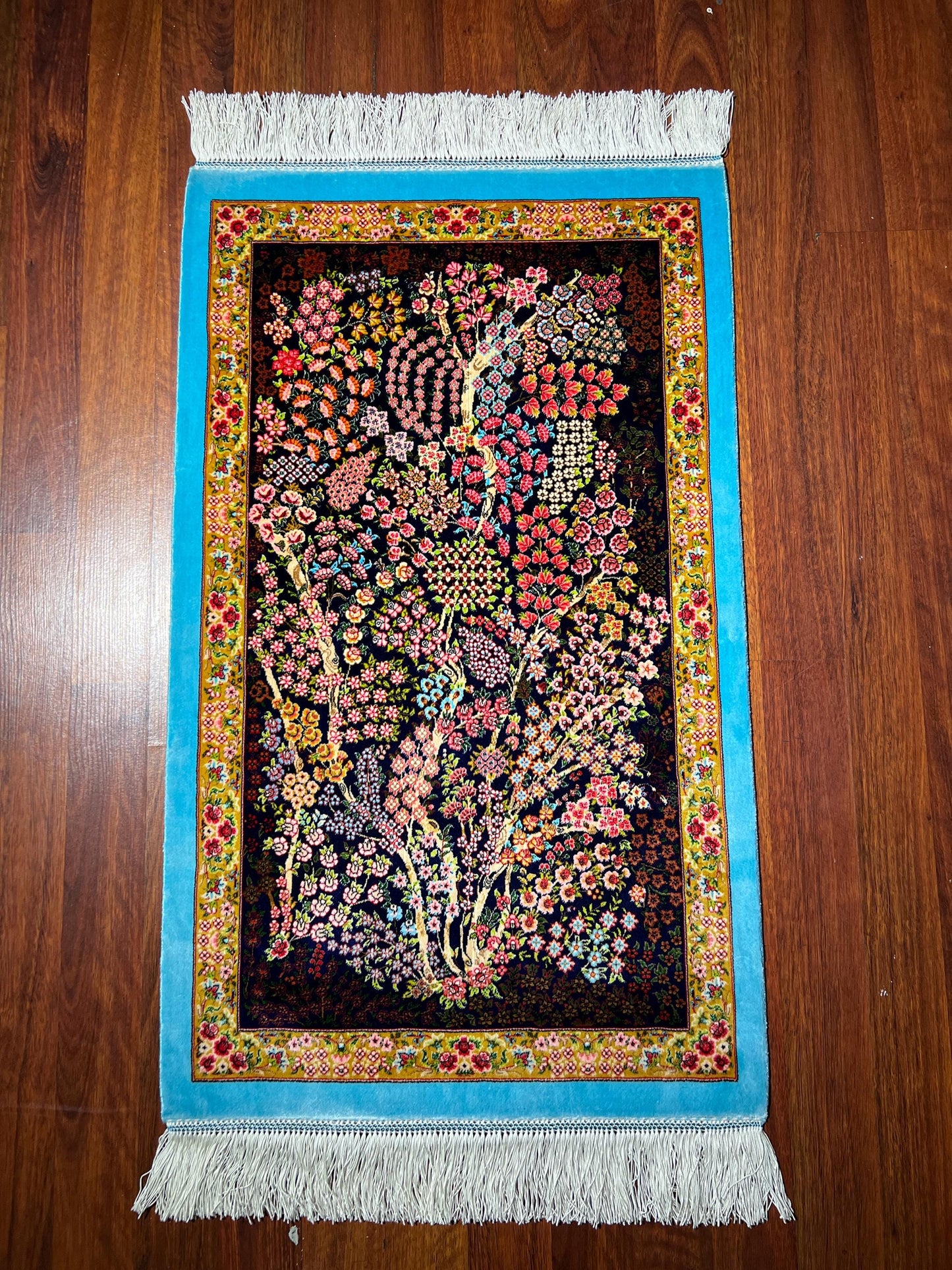 1.64x2.62 ft Tree of Life Modal Silk Rug, Floral Wall Hanging Tapestry, Mini Decorative Silk Rug, Handcrafted Fringe Rug