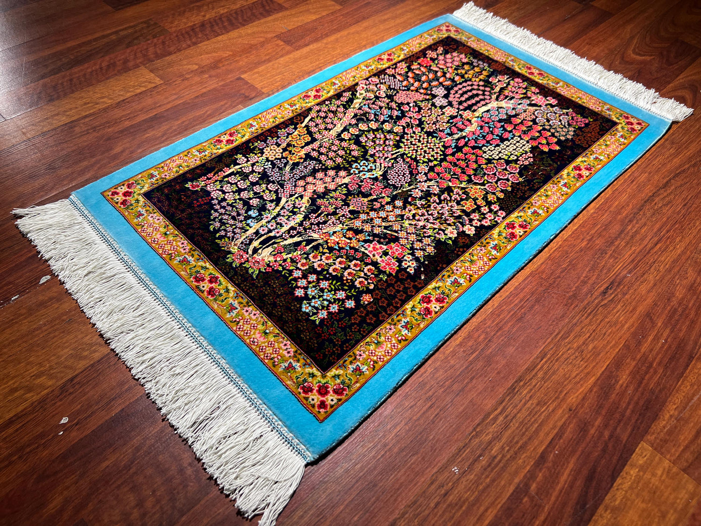 1.64x2.62 ft Tree of Life Modal Silk Rug, Floral Wall Hanging Tapestry, Mini Decorative Silk Rug, Handcrafted Fringe Rug
