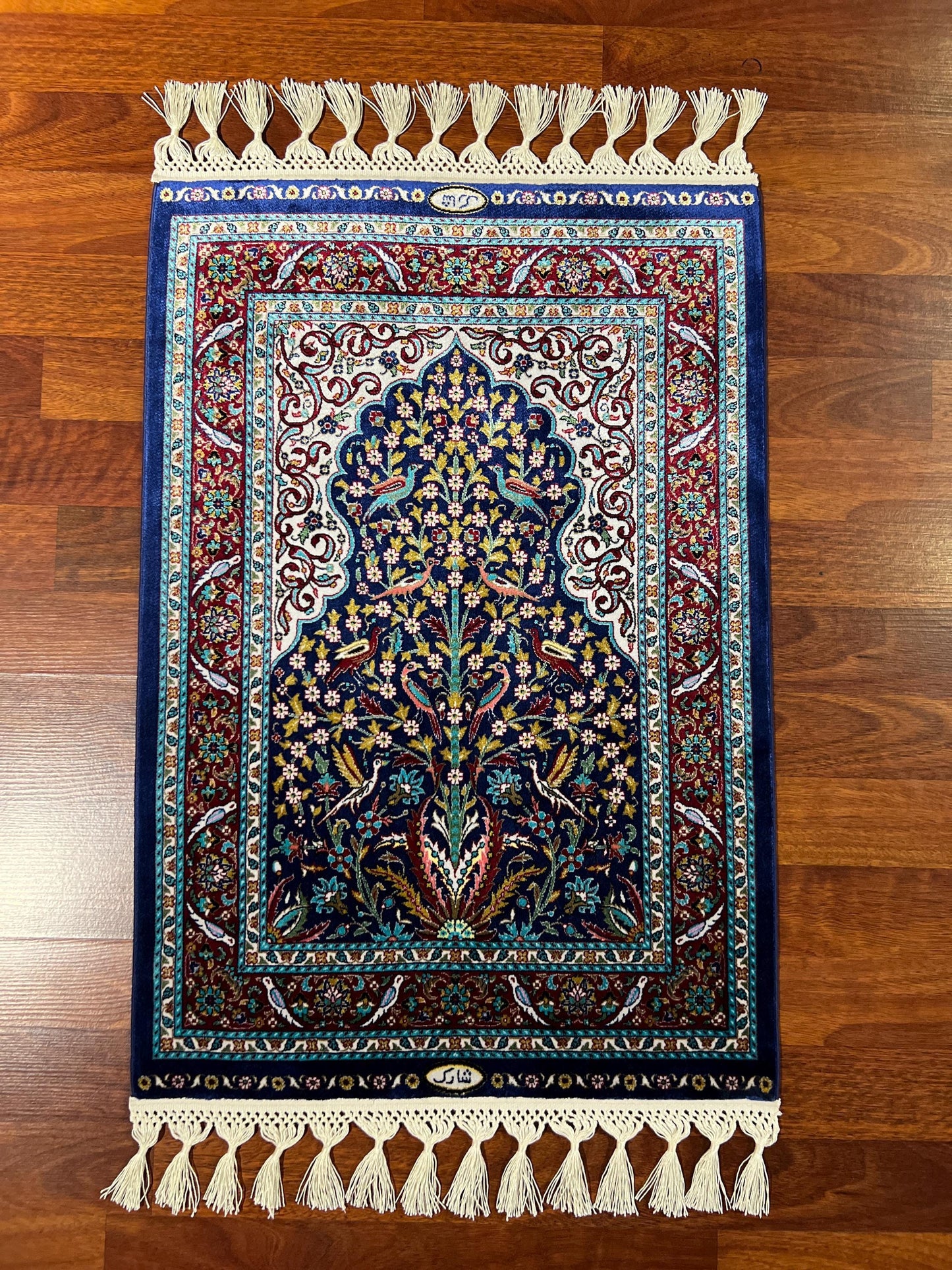 2x3 Blue Modal Silk Gift Rug, Floral Arch Mini Tapestry Rug, Decorative Wall Hanging Rug, Small Accent Rug