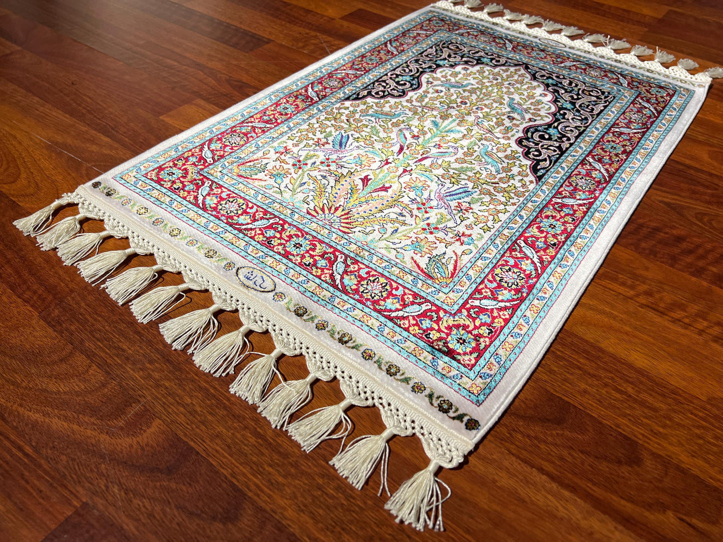 2x3 Cream Modal Silk Gift Rug, Floral Arch Mini Tapestry Rug, Decorative Wall Hanging Rug, Small Accent Rug