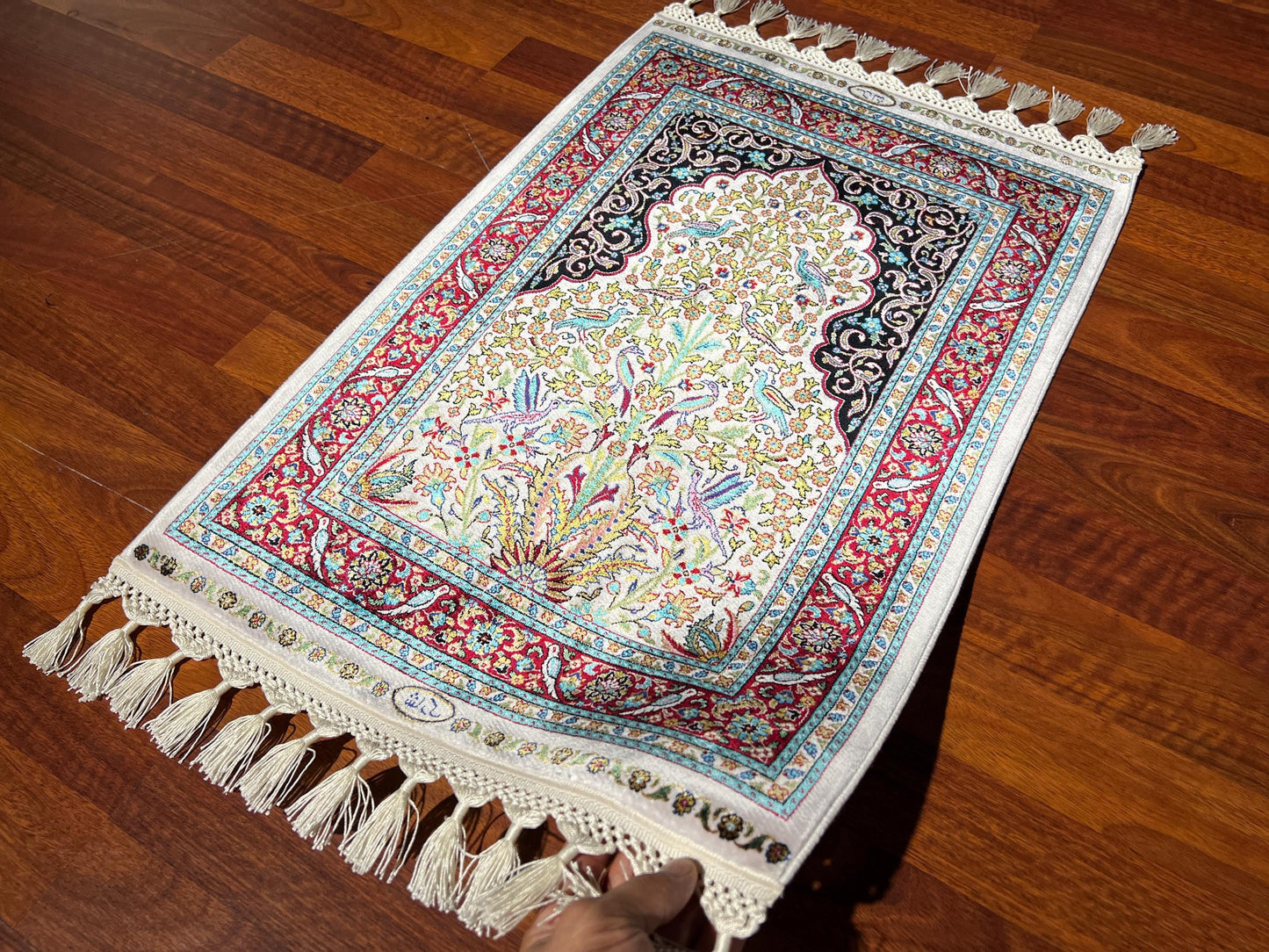 2x3 Cream Modal Silk Gift Rug, Floral Arch Mini Tapestry Rug, Decorative Wall Hanging Rug, Small Accent Rug