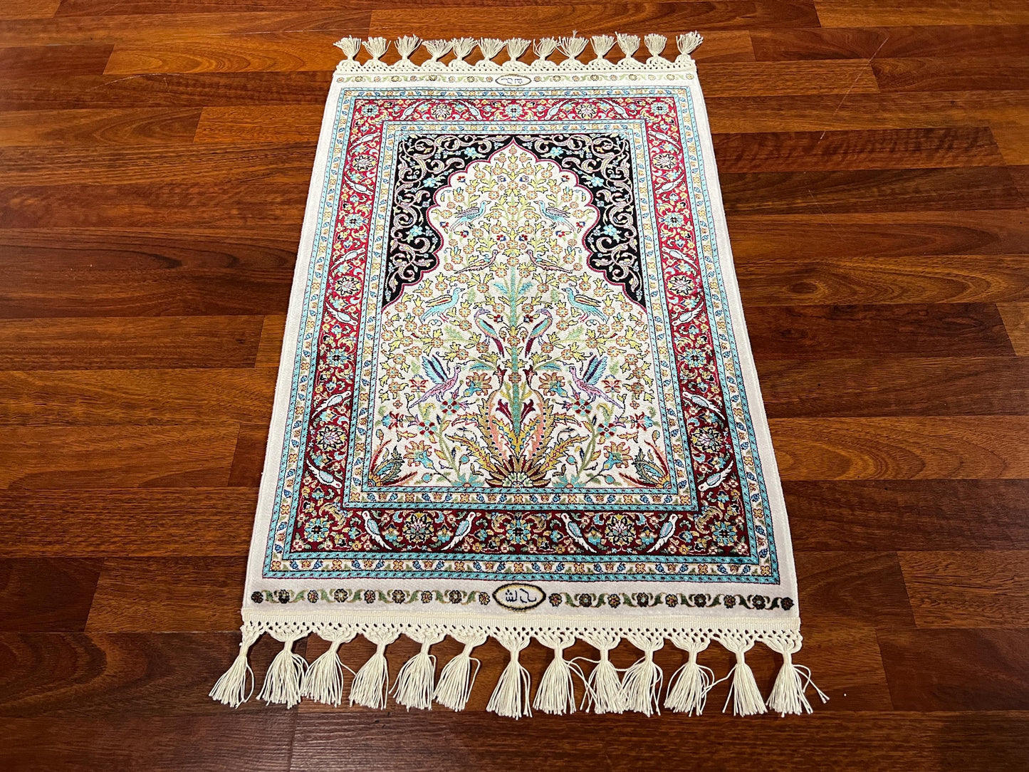 2x3 Cream Modal Silk Gift Rug, Floral Arch Mini Tapestry Rug, Decorative Wall Hanging Rug, Small Accent Rug