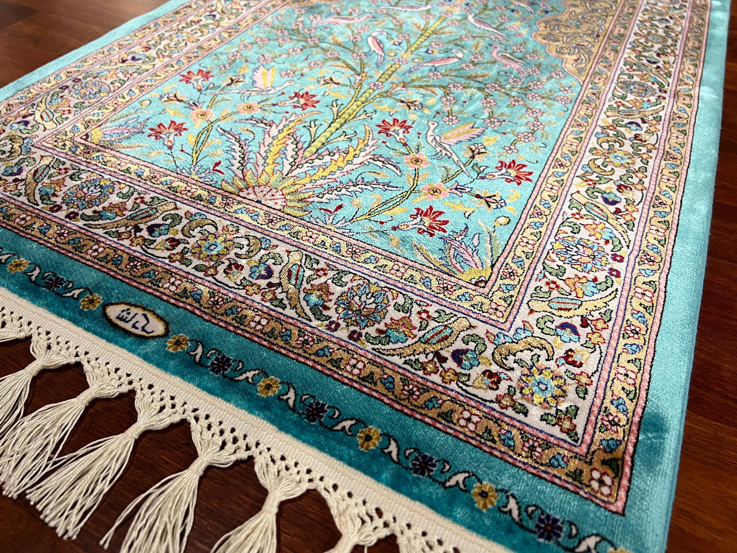 2x3 Turquoise Modal Silk Gift Rug, Floral Arch Mini Tapestry Rug, Decorative Wall Hanging Rug, Small Accent Rug