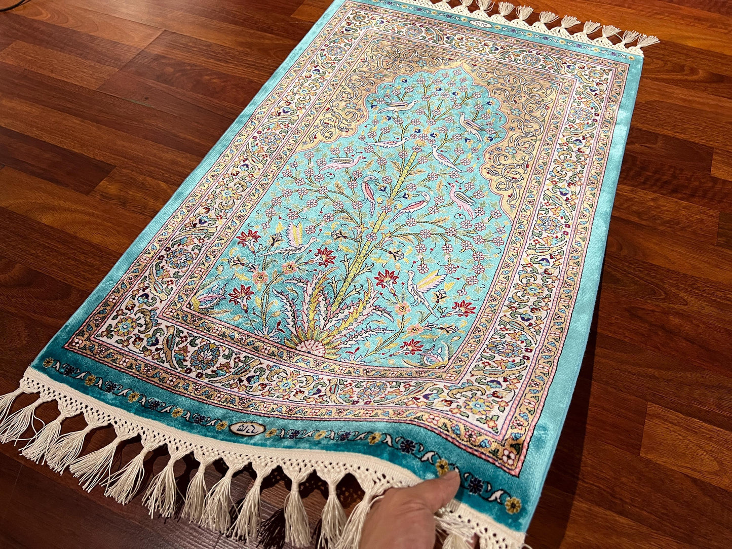 2x3 Turquoise Modal Silk Gift Rug, Floral Arch Mini Tapestry Rug, Decorative Wall Hanging Rug, Small Accent Rug