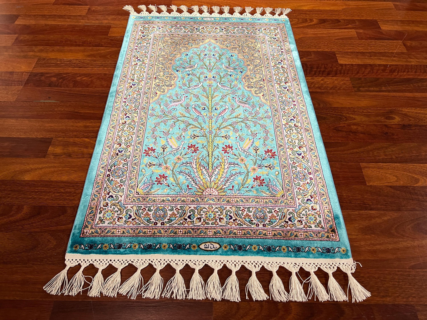 2x3 Turquoise Modal Silk Gift Rug, Floral Arch Mini Tapestry Rug, Decorative Wall Hanging Rug, Small Accent Rug
