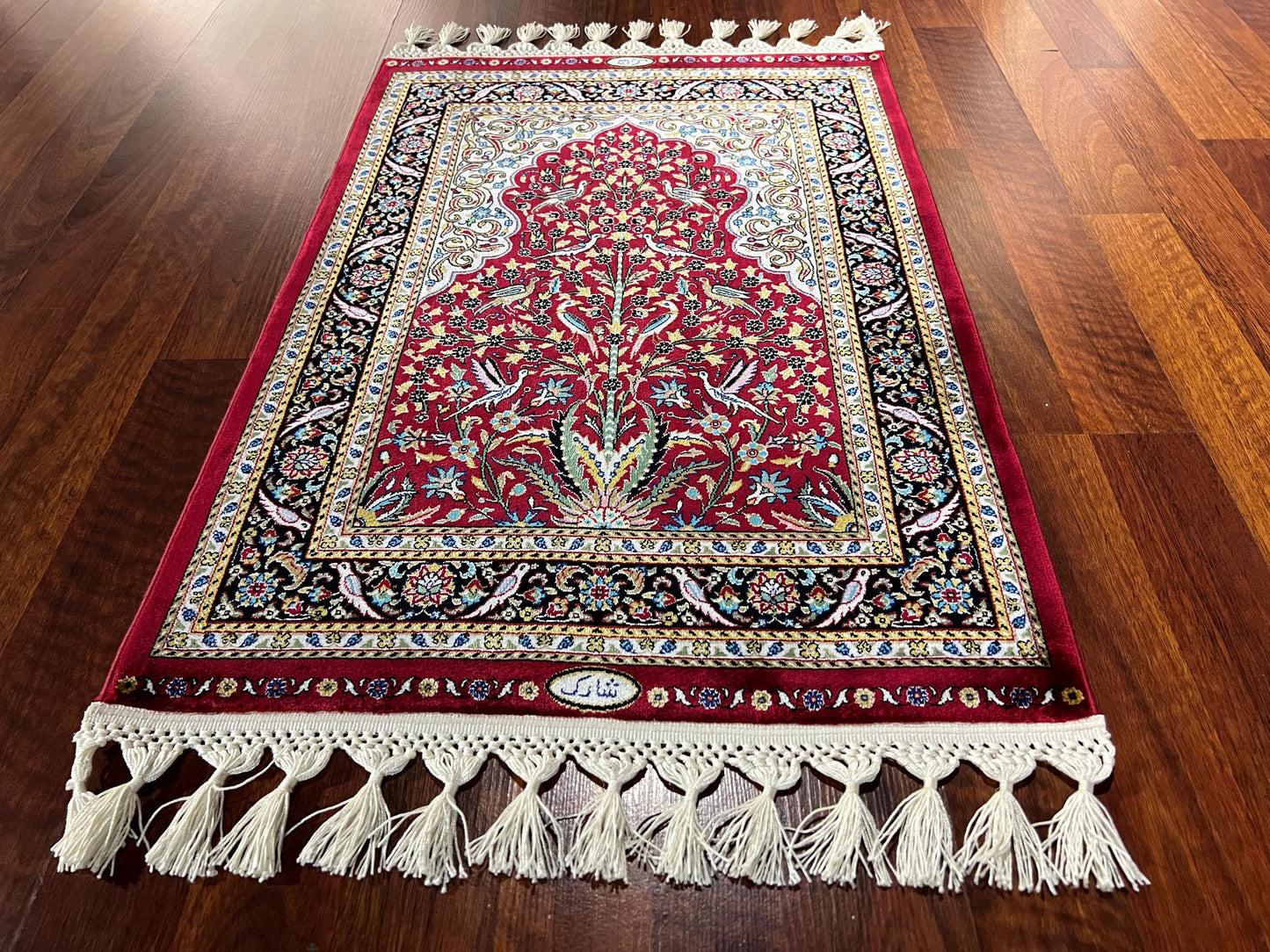 2x3 Red Modal Silk Gift Rug, Floral Mini Tapestry Rug, Decorative Wall Hanging Rug, Small Accent Rug