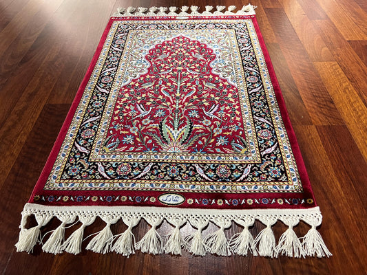 2x3 Red Modal Silk Gift Rug, Floral Mini Tapestry Rug, Decorative Wall Hanging Rug, Small Accent Rug