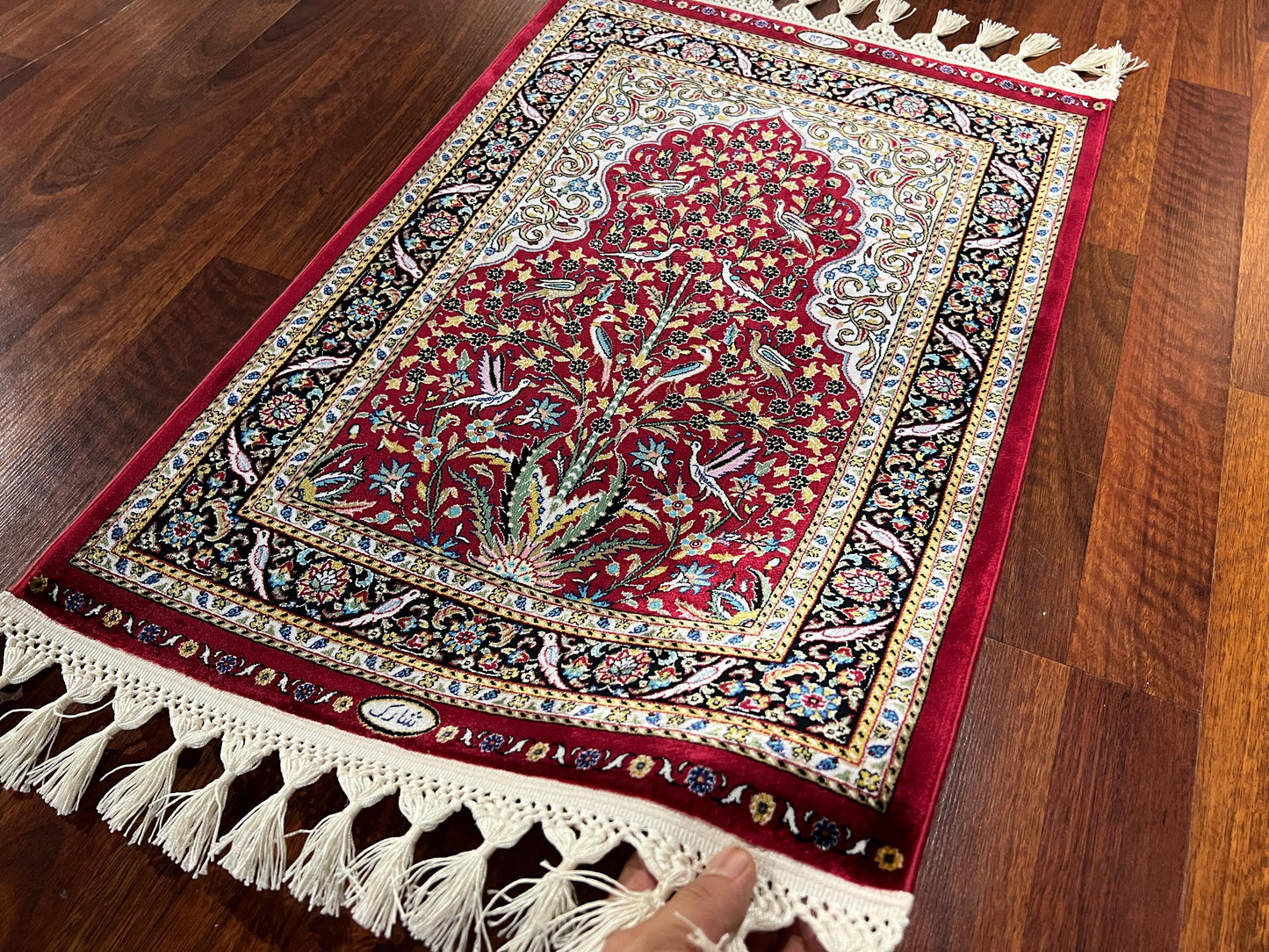2x3 Red Modal Silk Gift Rug, Floral Mini Tapestry Rug, Decorative Wall Hanging Rug, Small Accent Rug