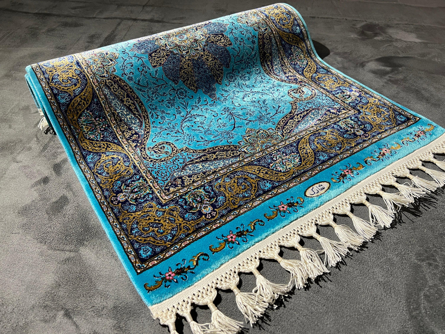 2x3 Turquoise Modal Silk Gift Rug, Floral Medallion Mini Tapestry Rug, Decorative Wall Hanging Rug, Small Accent Rug