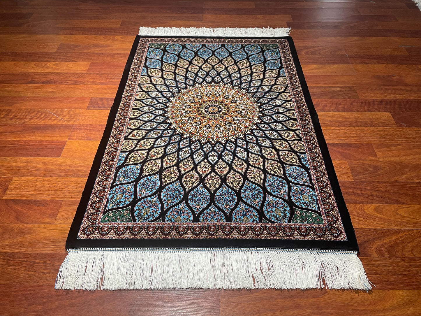 2x3 Black Blue Modal Silk Gift Rug, Geometric Medallion Mini Tapestry Rug, Decorative Wall Hanging Rug