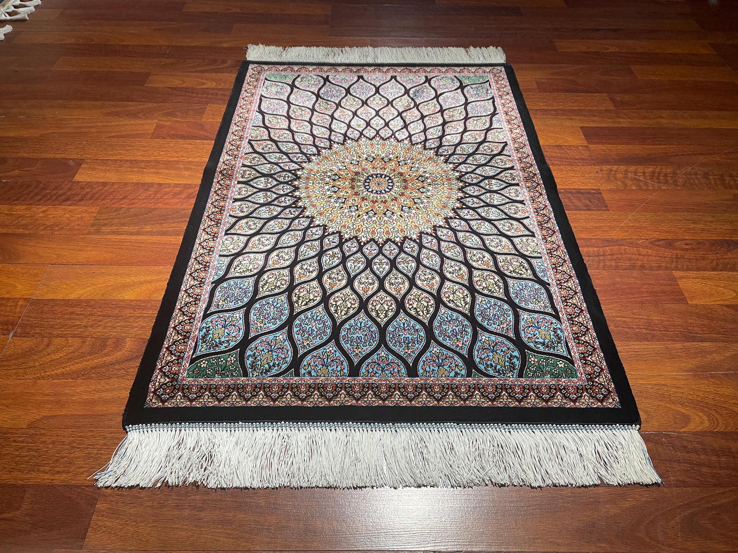 2x3 Black Blue Modal Silk Gift Rug, Geometric Medallion Mini Tapestry Rug, Decorative Wall Hanging Rug