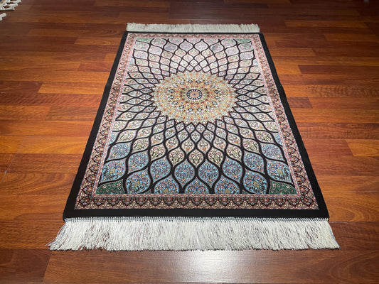 2x3 Black Blue Modal Silk Gift Rug, Geometric Medallion Mini Tapestry Rug, Decorative Wall Hanging Rug