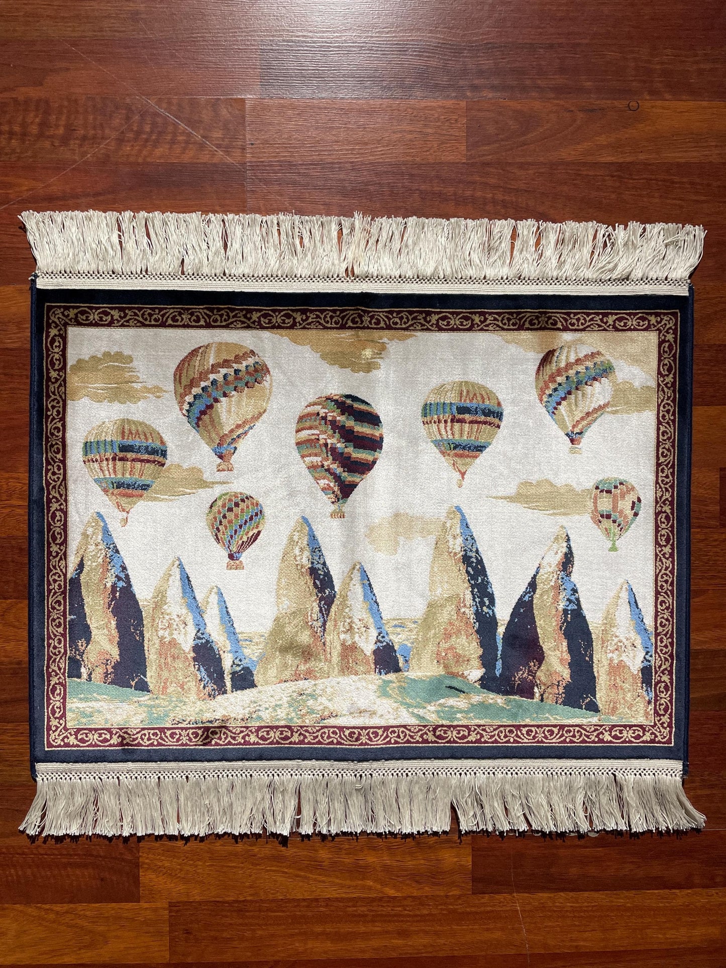 1.64x2.29 ft Hot Air Balloon Modal Silk Tapestry Rug, Cappadocia Wall Hanging Rug, Mini Gift Rug