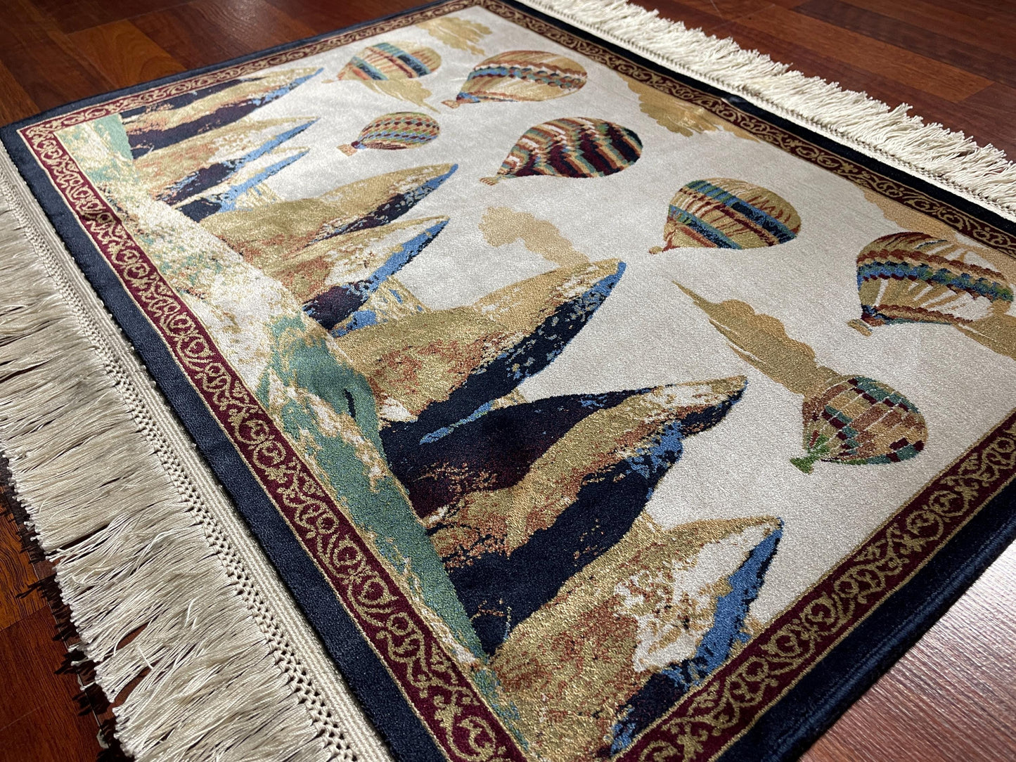 1.64x2.29 ft Hot Air Balloon Modal Silk Tapestry Rug, Cappadocia Wall Hanging Rug, Mini Gift Rug
