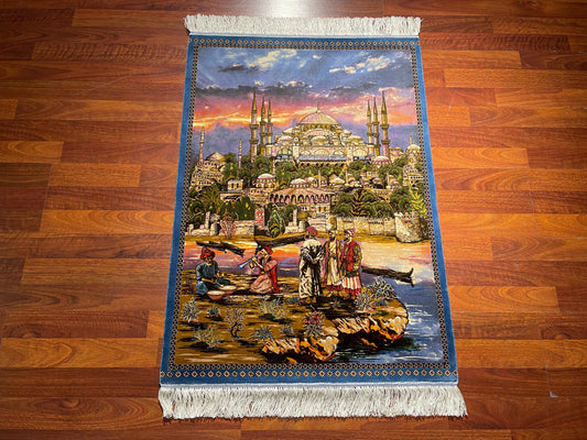 2.3x3.28 ft Istanbul Modal Silk Tapestry Rug, Mosque Landscape Wall Hanging Rug, Turkish Gift Rug