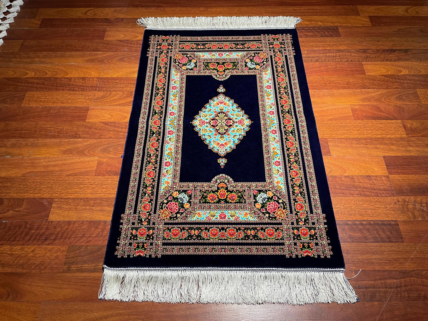 2x3 Dark Blue Modal Silk Gift Rug, Floral Medallion Mini Rug, Decorative Tapestry Rug, Fringe Wall Hanging Rug