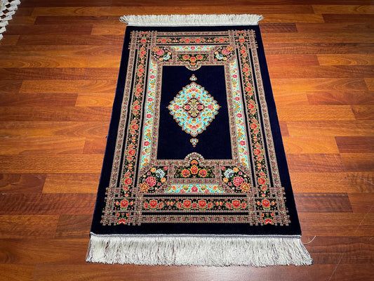 2x3 Dark Blue Modal Silk Gift Rug, Floral Medallion Mini Rug, Decorative Tapestry Rug, Fringe Wall Hanging Rug