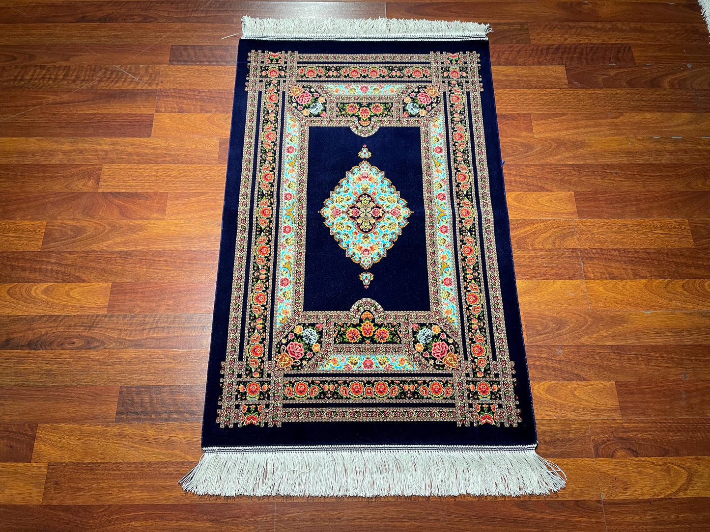 2x3 Dark Blue Modal Silk Gift Rug, Floral Medallion Mini Rug, Decorative Tapestry Rug, Fringe Wall Hanging Rug
