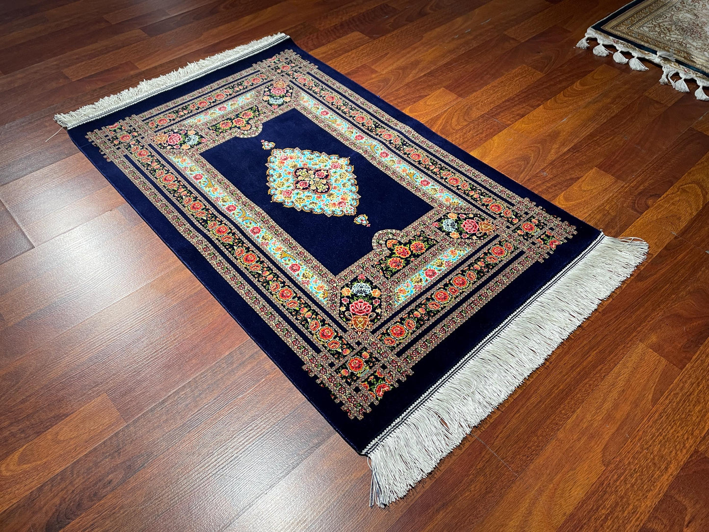 2x3 Dark Blue Modal Silk Gift Rug, Floral Medallion Mini Rug, Decorative Tapestry Rug, Fringe Wall Hanging Rug