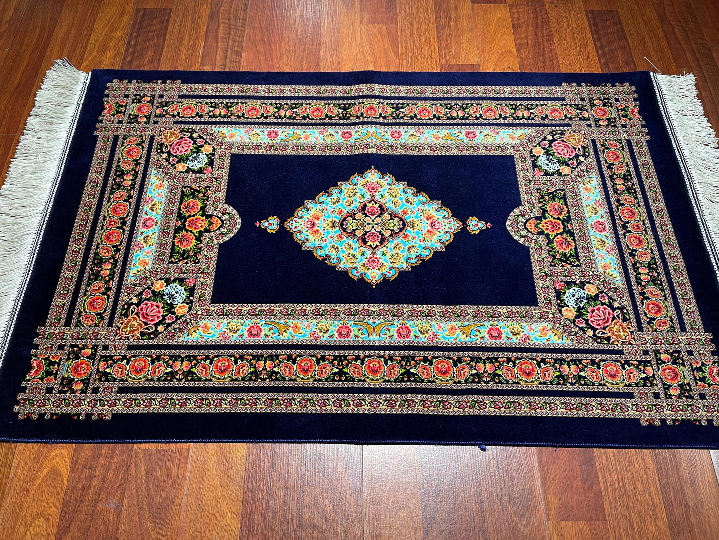 2x3 Dark Blue Modal Silk Gift Rug, Floral Medallion Mini Rug, Decorative Tapestry Rug, Fringe Wall Hanging Rug