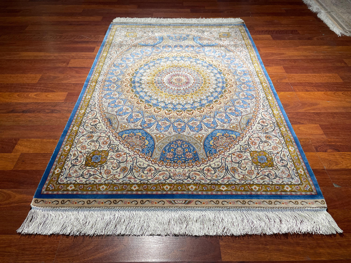 Blue Gold Modal Silk Gift Rug, Floral Medallion Decorative Rug, Luxury Tapestry Rug, Fringe Wall Hanging Rug