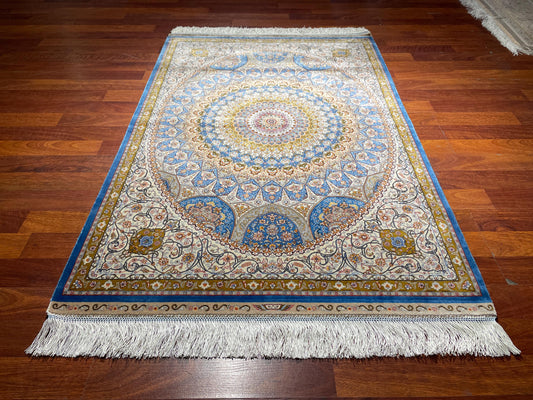 Blue Gold Modal Silk Gift Rug, Floral Medallion Decorative Rug, Luxury Tapestry Rug, Fringe Wall Hanging Rug