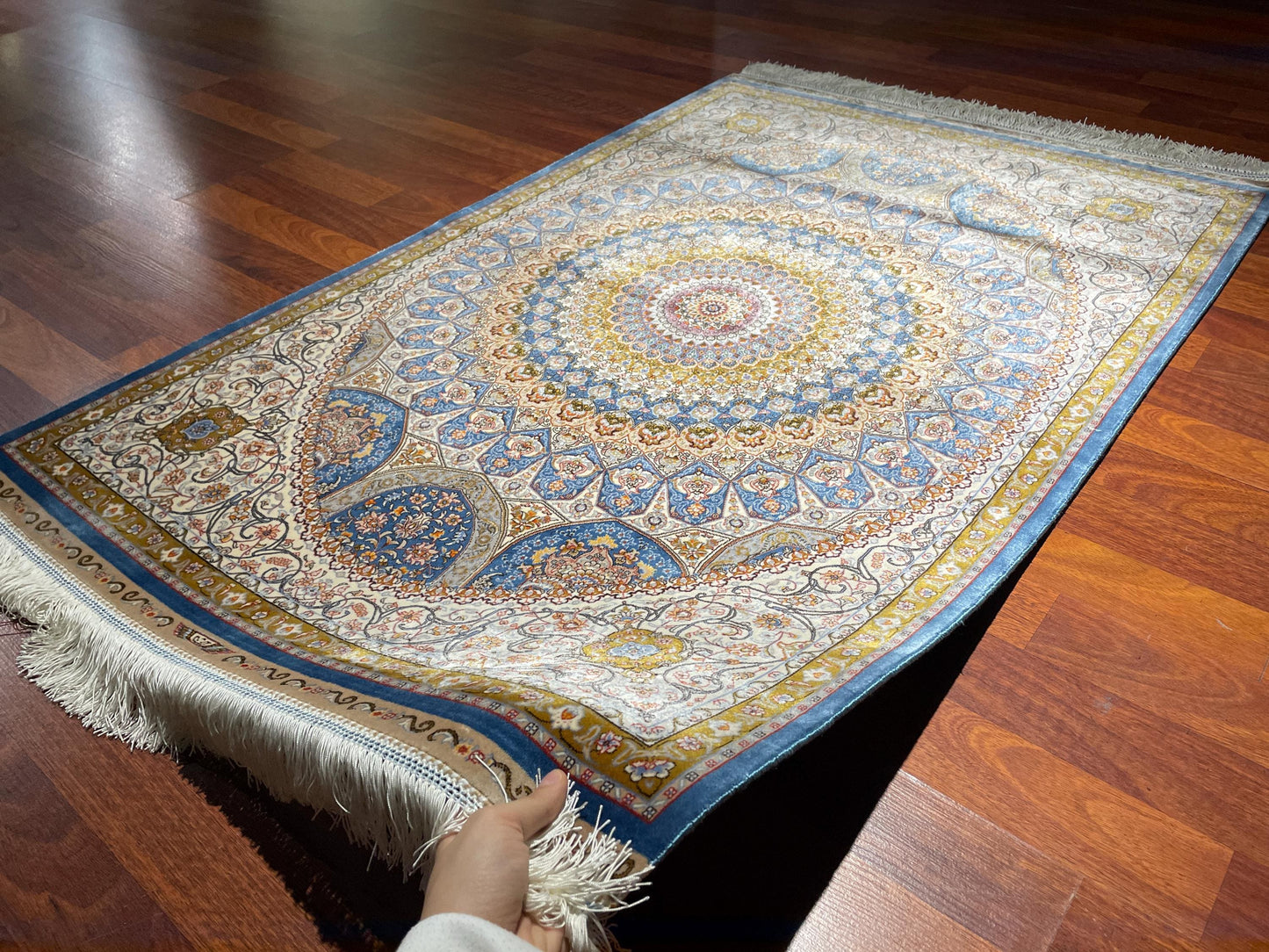 Blue Gold Modal Silk Gift Rug, Floral Medallion Decorative Rug, Luxury Tapestry Rug, Fringe Wall Hanging Rug