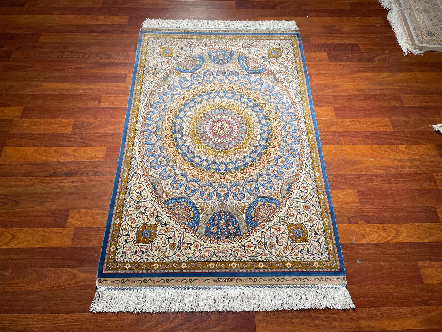 Blue Gold Modal Silk Gift Rug, Floral Medallion Decorative Rug, Luxury Tapestry Rug, Fringe Wall Hanging Rug