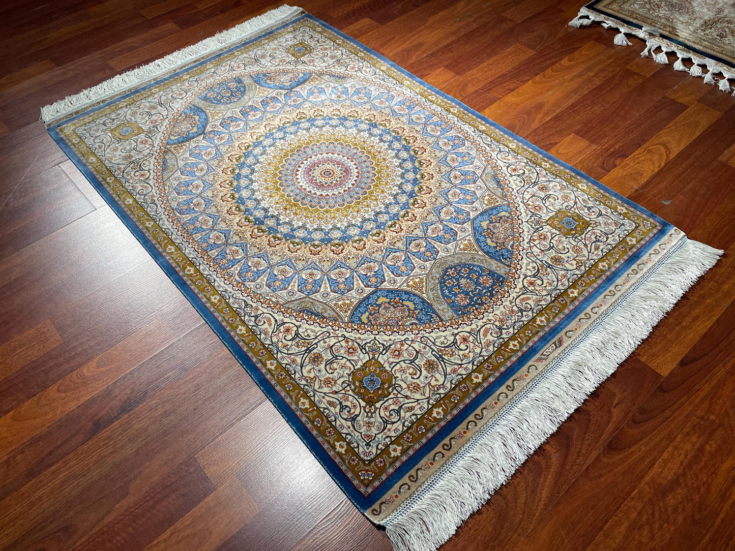 Blue Gold Modal Silk Gift Rug, Floral Medallion Decorative Rug, Luxury Tapestry Rug, Fringe Wall Hanging Rug