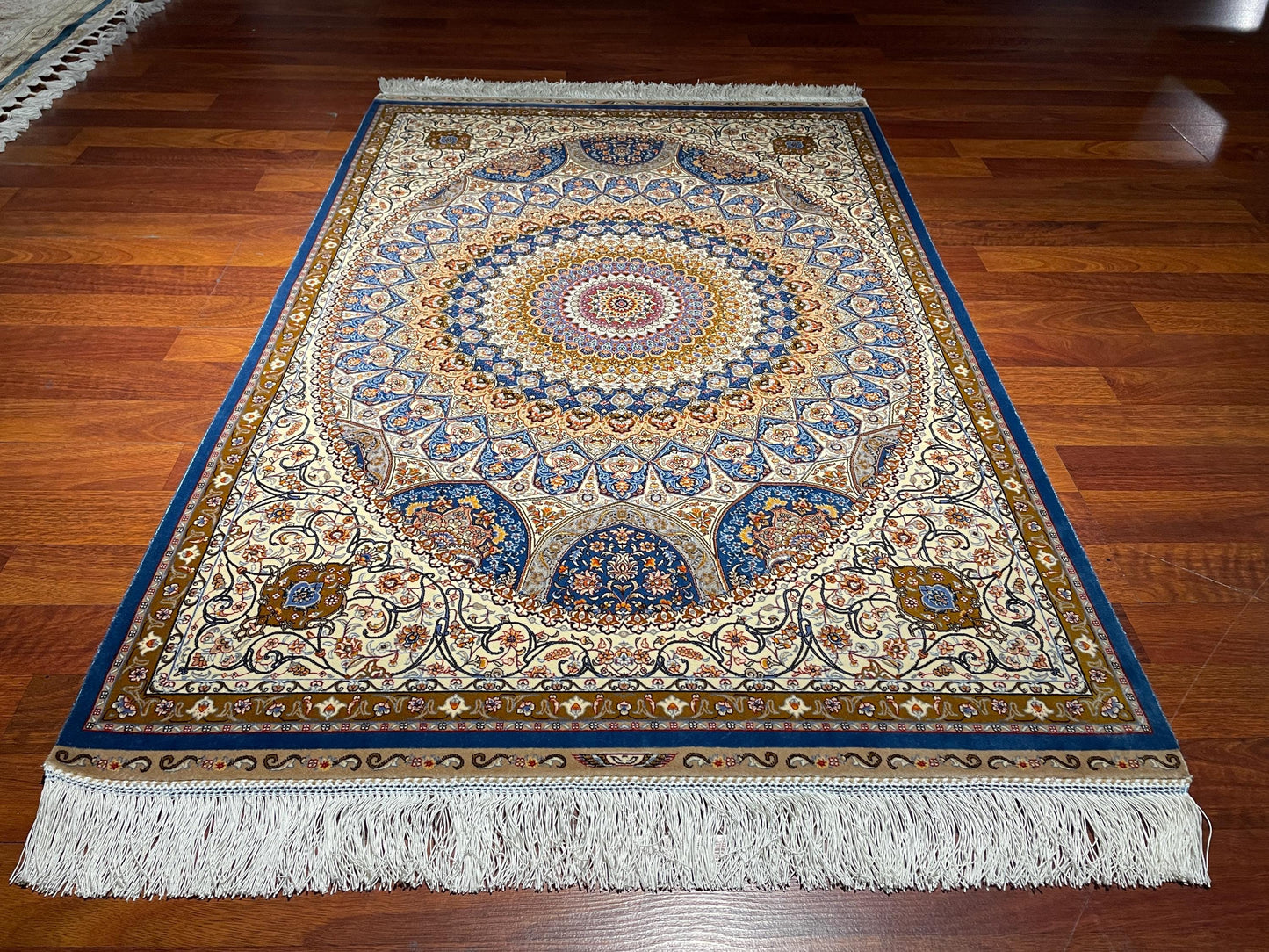 Blue Gold Modal Silk Gift Rug, Floral Medallion Decorative Rug, Luxury Tapestry Rug, Fringe Wall Hanging Rug