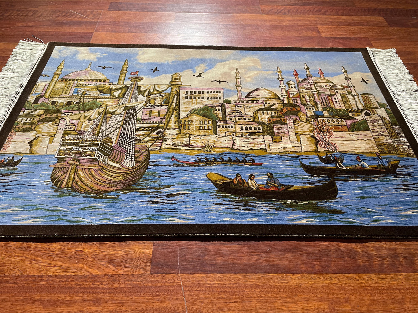 1.96x2.95 ft Istanbul Modal Silk Tapestry Rug, 150 Combs Decorative Wall Hanging, Cityscape Gift Rug, Mini Silk Decor Rug