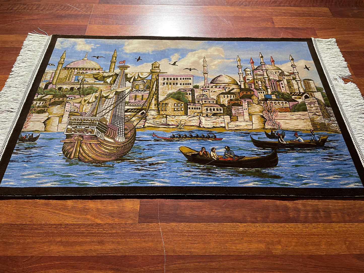 1.96x2.95 ft Istanbul Modal Silk Tapestry Rug, 150 Combs Decorative Wall Hanging, Cityscape Gift Rug, Mini Silk Decor Rug